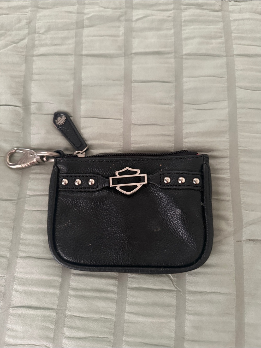Harley-Davidson Black Leather Zip Coin Pouch with Silver Accents